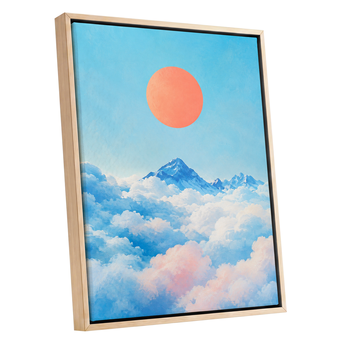 Coral Above the Clouds, blue, white, orange nature wall art shown as a oak framed canvas wall art