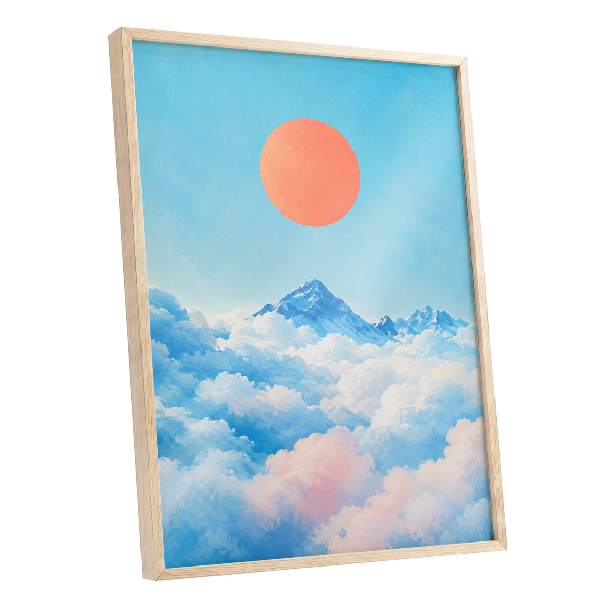 Coral Above the Clouds, blue, white, orange nature wall art shown as a oak framed poster wall art print