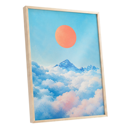 Coral Above the Clouds, blue, white, orange nature wall art shown as a oak framed poster wall art print