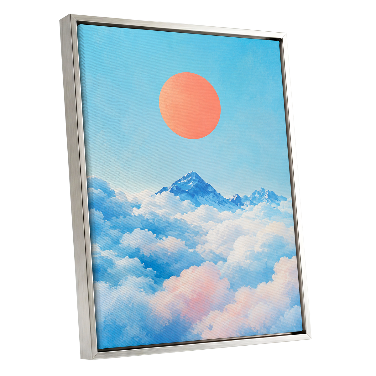 Coral Above the Clouds, blue, white, orange nature wall art shown as a silver framed canvas wall art