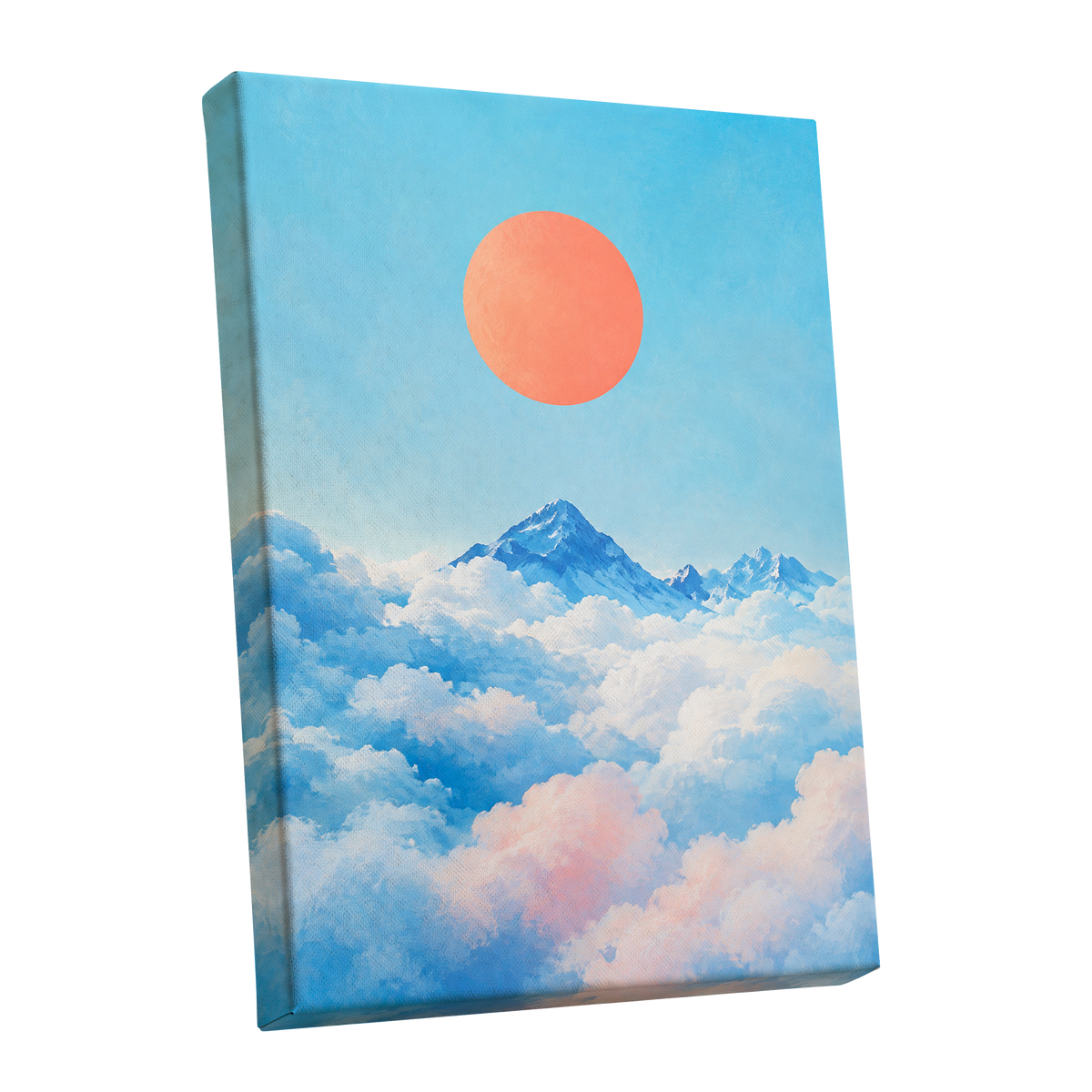 Coral Above the Clouds, blue, white, orange nature wall art shown as a stretched canvas wall art