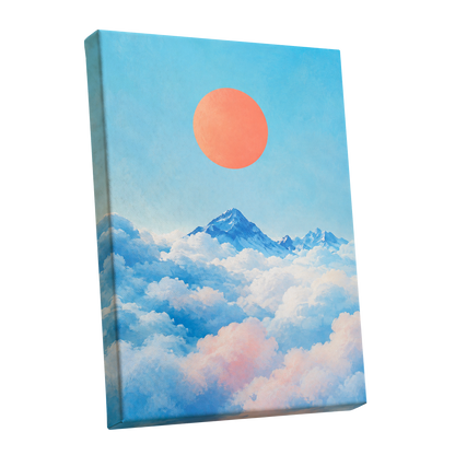 Coral Above the Clouds, blue, white, orange nature wall art shown as a stretched canvas wall art