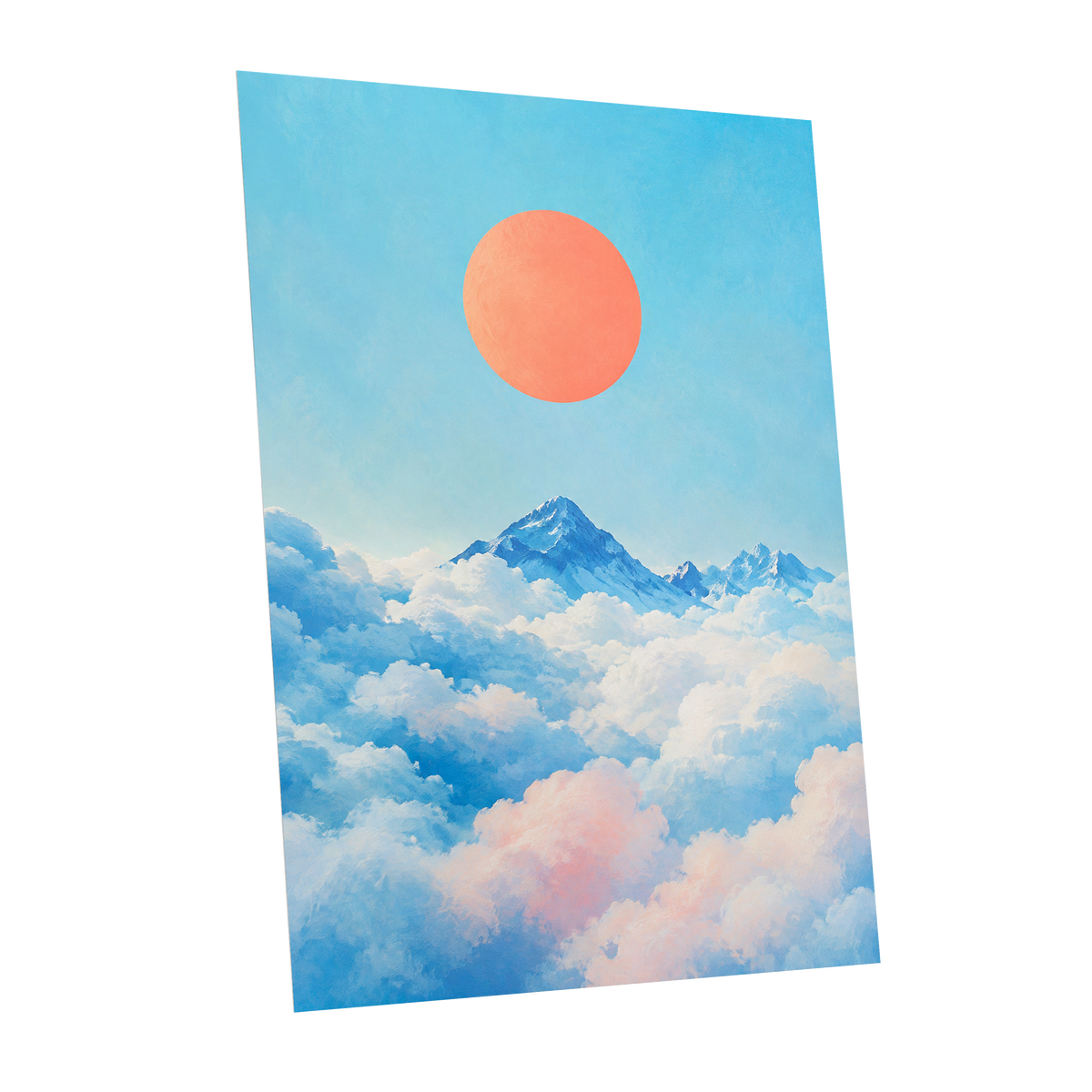 Coral Above the Clouds, blue, white, orange nature wall art shown as a unframed poster wall art print