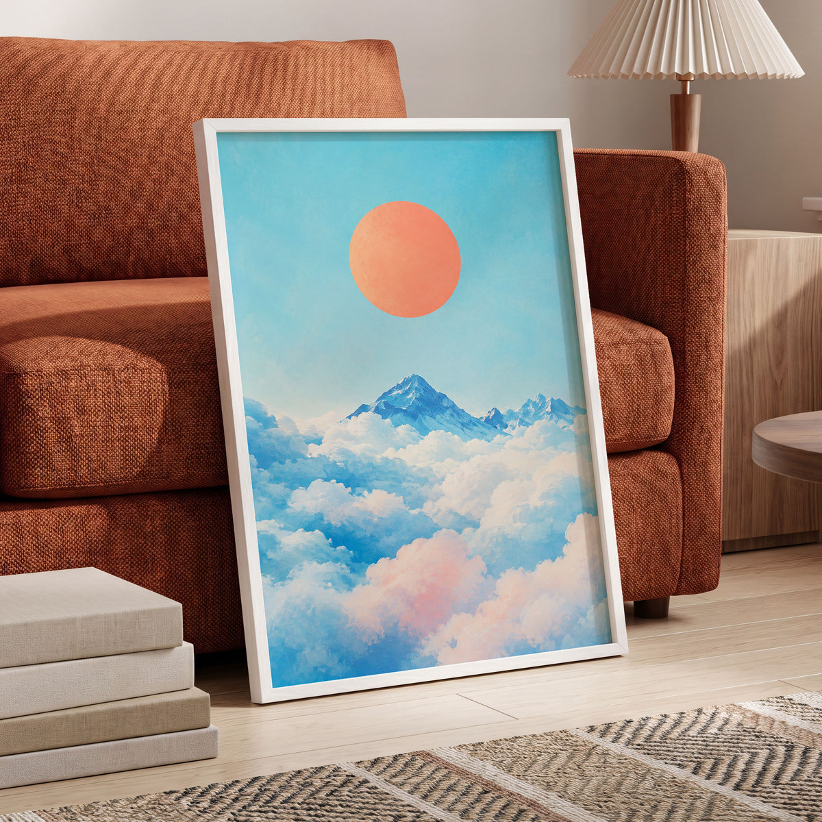 Coral Above the Clouds, blue, white, orange nature wall art displayed in a styled interior, gallery view 2