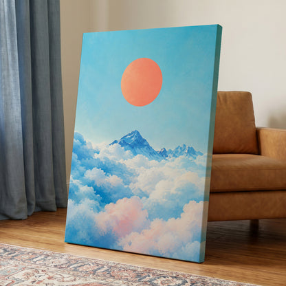 Coral Above the Clouds, blue, white, orange nature wall art displayed in a styled interior, gallery view 3