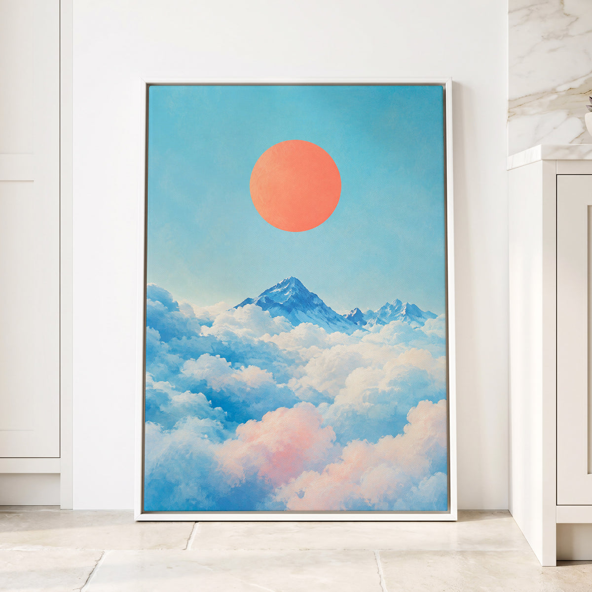 Coral Above the Clouds, blue, white, orange nature wall art displayed in a styled interior, gallery view 4