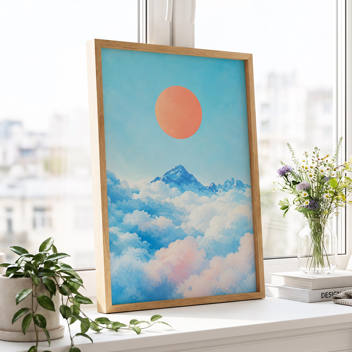 Coral Above the Clouds, blue, white, orange nature wall art displayed in a styled interior, gallery view 6