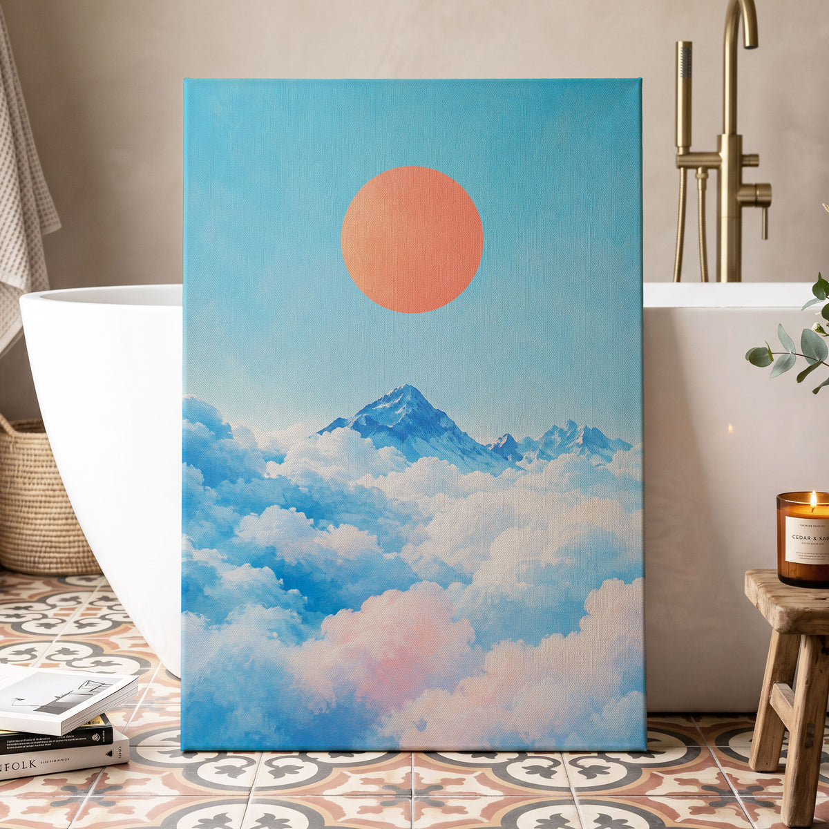 Coral Above the Clouds, blue, white, orange nature wall art displayed in a styled interior, gallery view 7