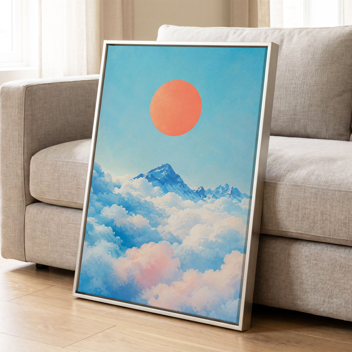 Coral Above the Clouds, blue, white, orange nature wall art displayed in a styled interior, gallery view 8
