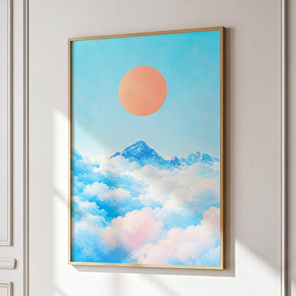 Coral Above the Clouds, blue, white, orange nature wall art displayed in a styled interior, gallery view 9
