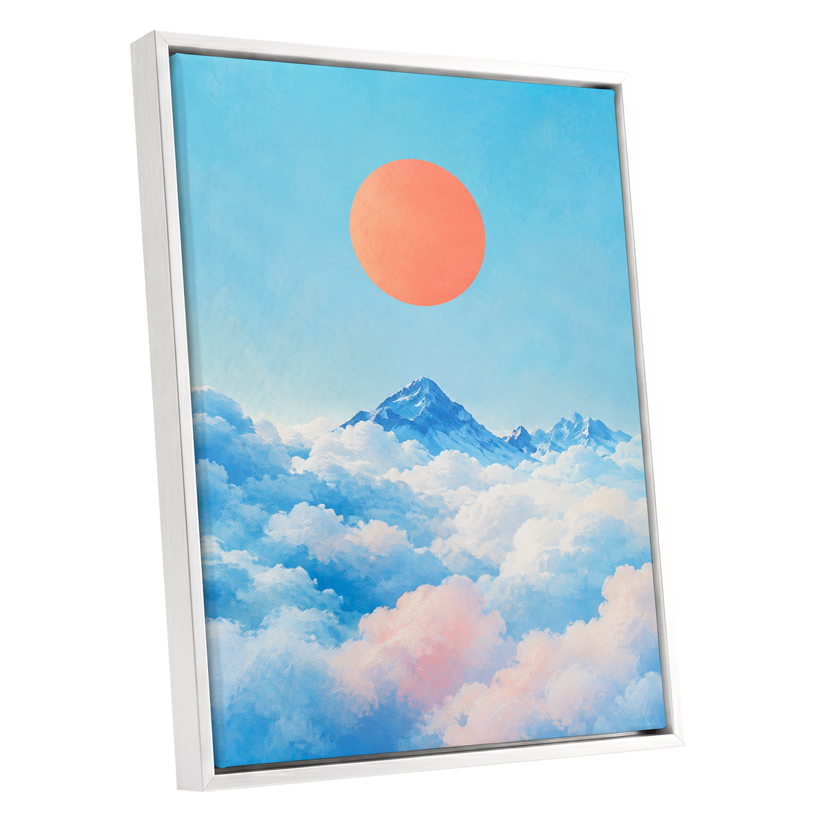 Coral Above the Clouds, blue, white, orange nature wall art shown as a white framed canvas wall art