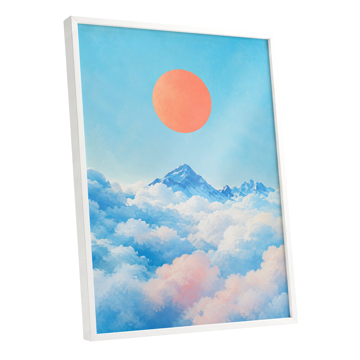 Coral Above the Clouds, blue, white, orange nature wall art shown as a white framed poster wall art print
