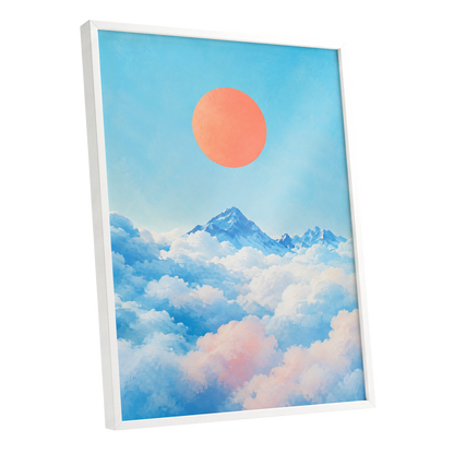 Coral Above the Clouds, blue, white, orange nature wall art shown as a white framed poster wall art print