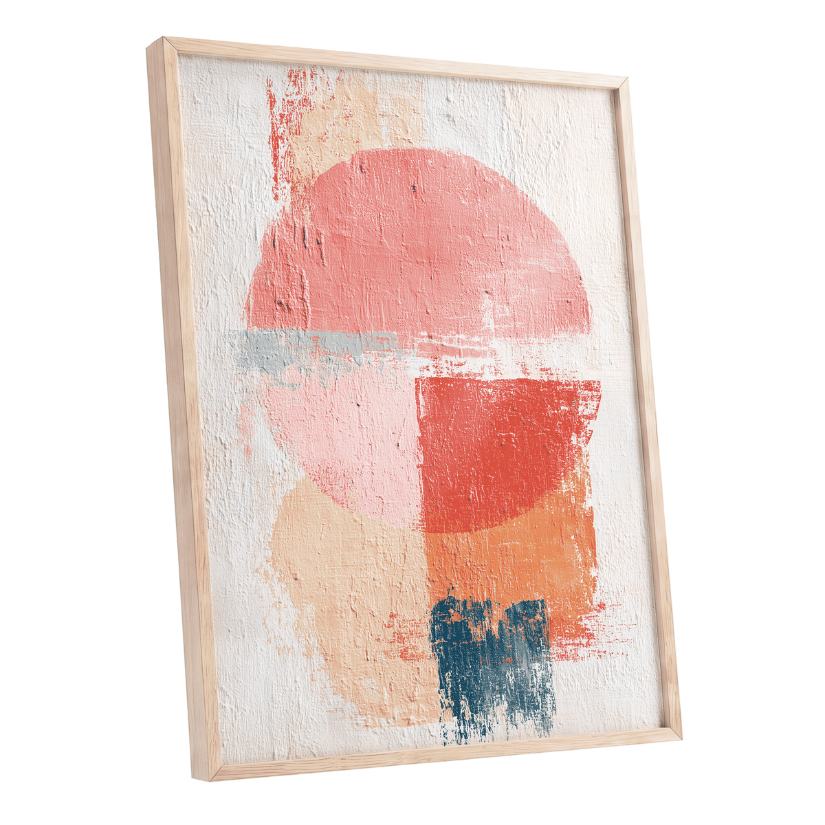 Coral Abstract Balance: abstract framed wall art featuring a textured off-white background with a large coral-pink oval, orange and peach blocks, and a dark teal square, housed in a light natural wood frame.