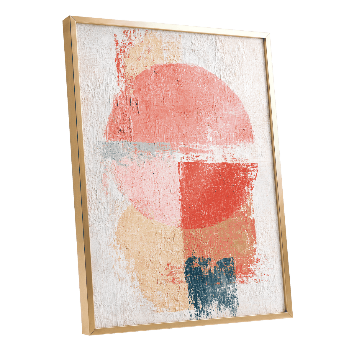 Coral Abstract Balance: framed abstract wall art featuring a textured white background with a large coral-pink oval, coral-red geometric block, soft beige wash, and a dark teal brushstroke, shown in a light wood frame against a white background.