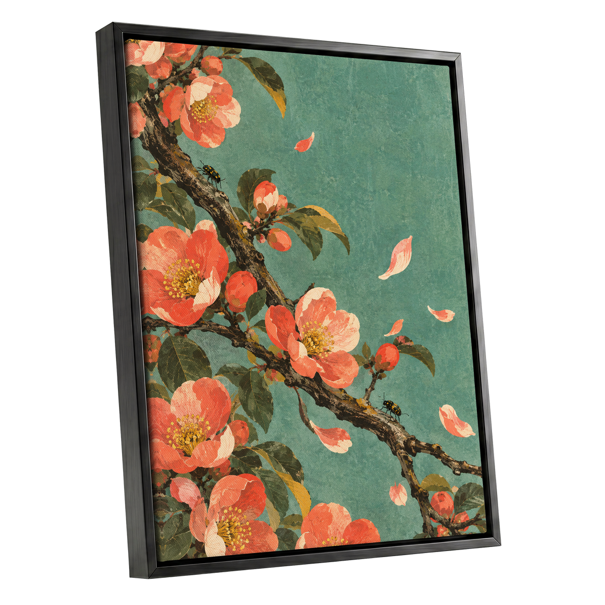 Coral Blossom Drift, green, orange, pink floral wall art shown as a black framed canvas wall art