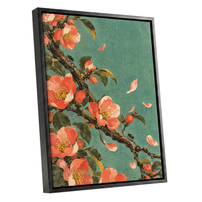 Coral Blossom Drift, green, orange, pink floral wall art shown as a black framed canvas wall art