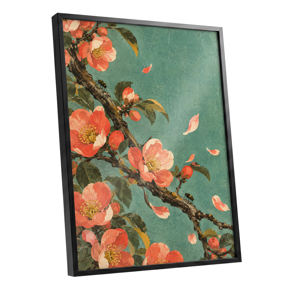 Coral Blossom Drift, green, orange, pink floral wall art shown as a black framed poster wall art print