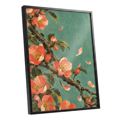 Coral Blossom Drift, green, orange, pink floral wall art shown as a black framed poster wall art print
