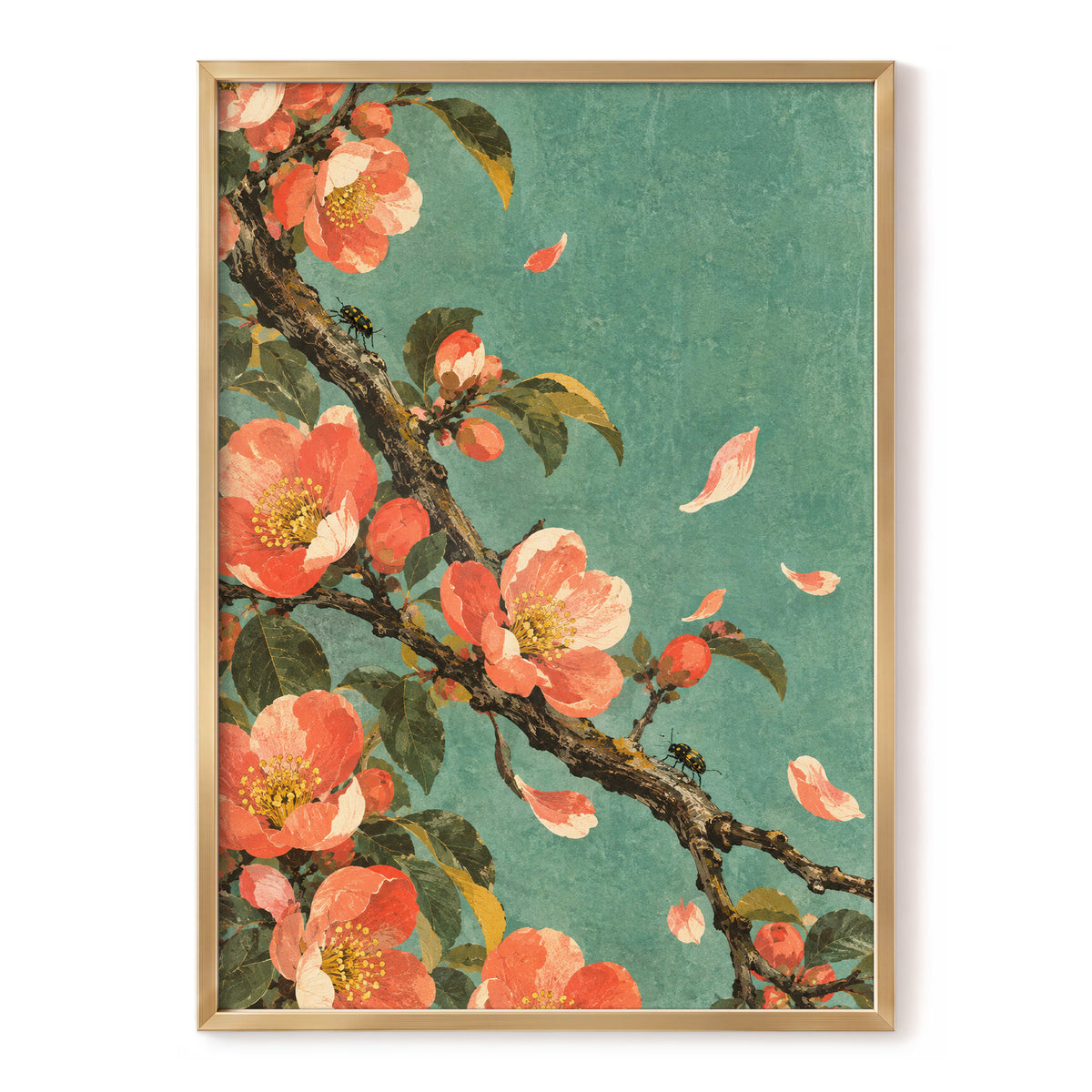 Coral Blossom Drift, green, orange, pink floral wall art, front artwork view