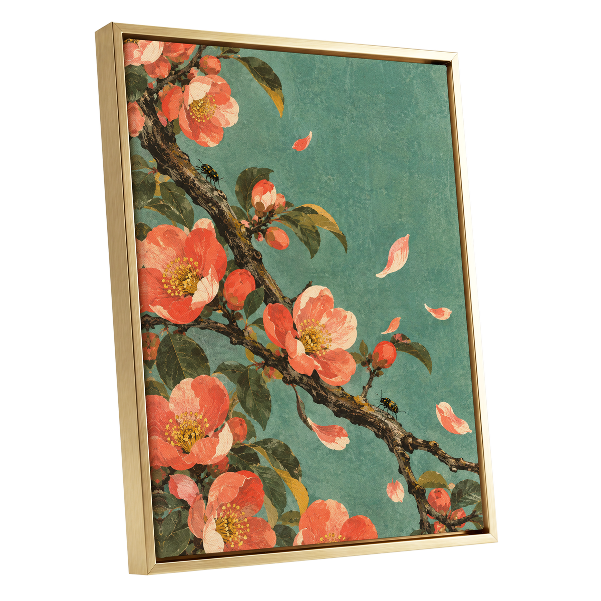Coral Blossom Drift, green, orange, pink floral wall art shown as a gold framed canvas wall art