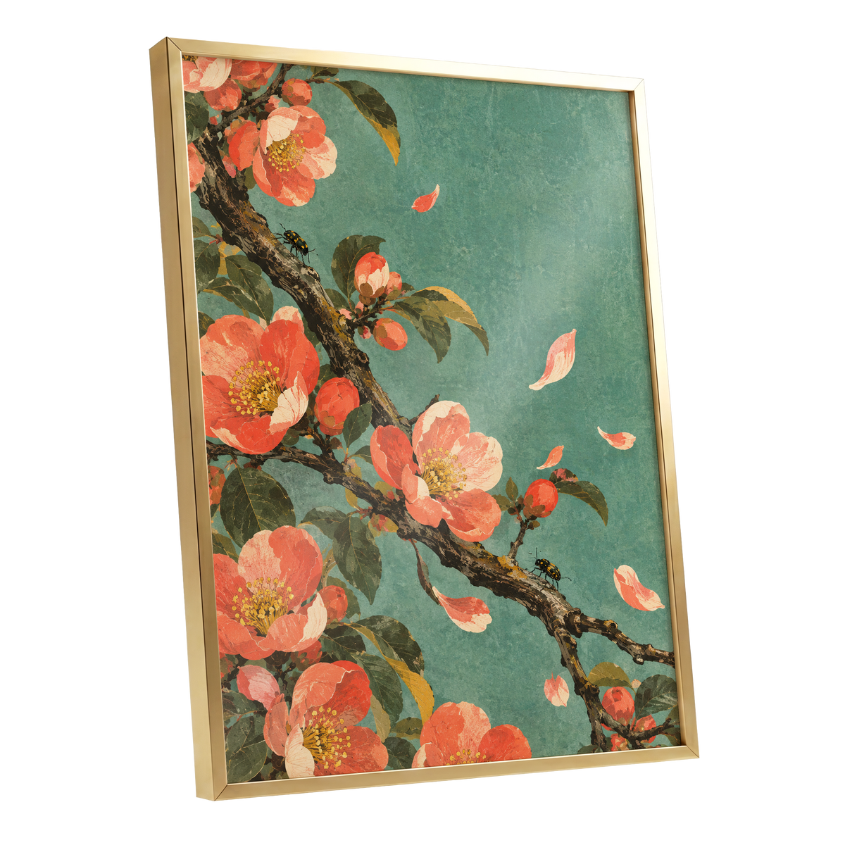 Coral Blossom Drift, green, orange, pink floral wall art shown as a gold framed poster wall art print