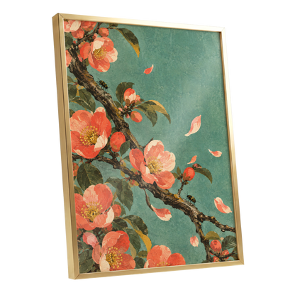 Coral Blossom Drift, green, orange, pink floral wall art shown as a gold framed poster wall art print