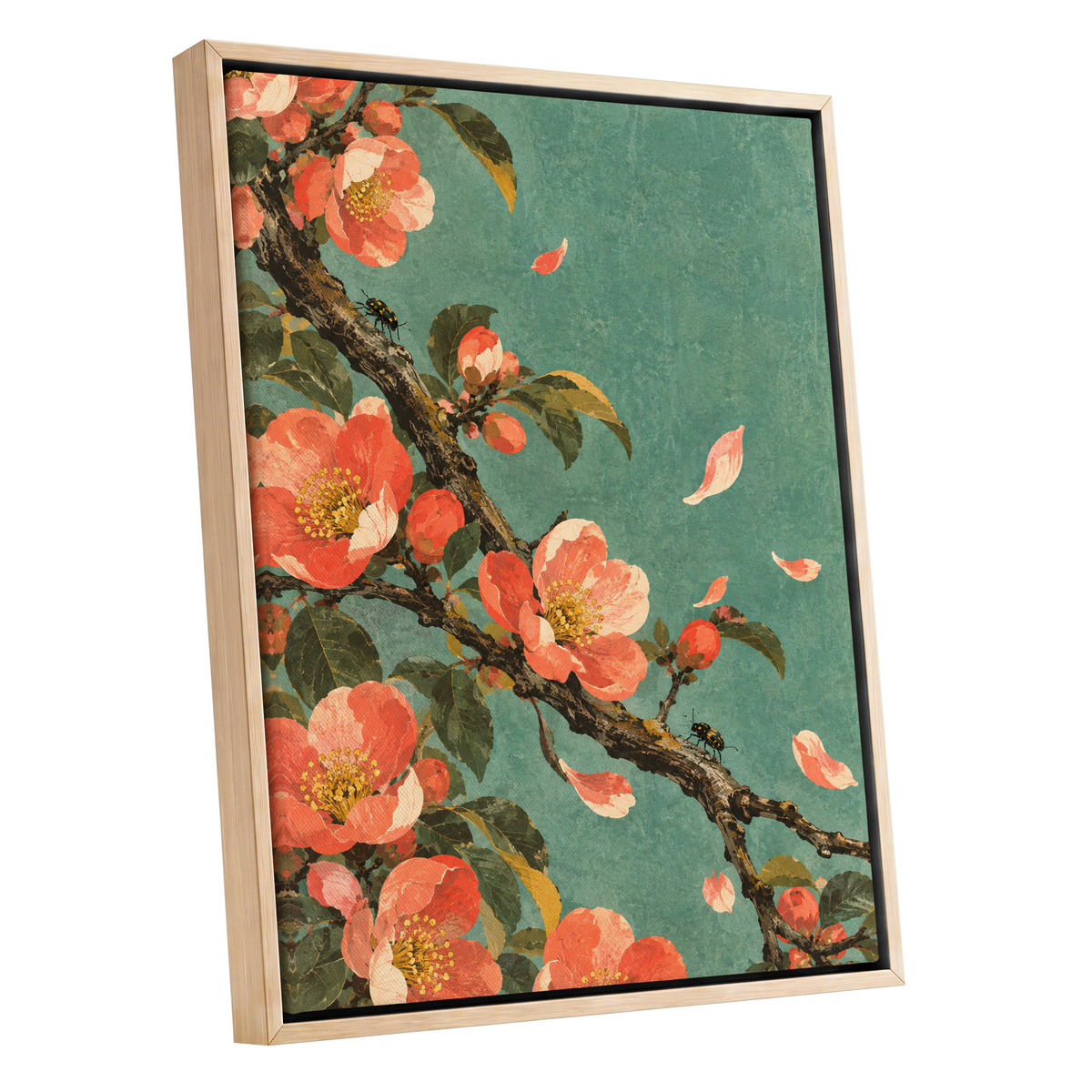 Coral Blossom Drift, green, orange, pink floral wall art shown as a oak framed canvas wall art