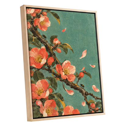 Coral Blossom Drift, green, orange, pink floral wall art shown as a oak framed canvas wall art