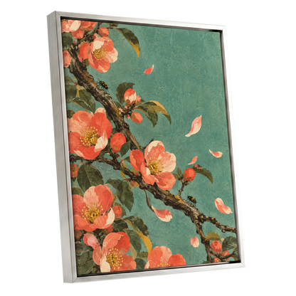 Coral Blossom Drift, green, orange, pink floral wall art shown as a silver framed canvas wall art
