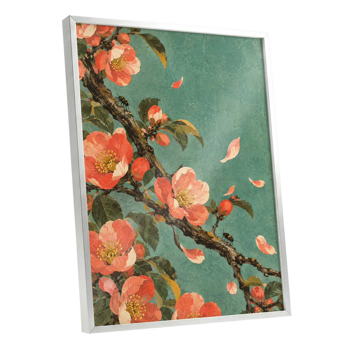 Coral Blossom Drift, green, orange, pink floral wall art shown as a silver framed poster wall art print
