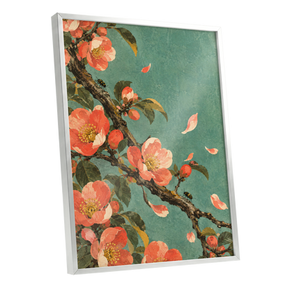 Coral Blossom Drift, green, orange, pink floral wall art shown as a silver framed poster wall art print