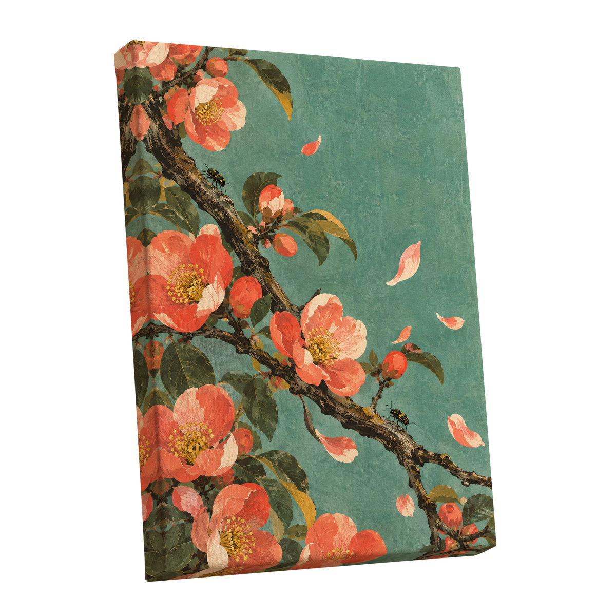 Coral Blossom Drift, green, orange, pink floral wall art shown as a stretched canvas wall art