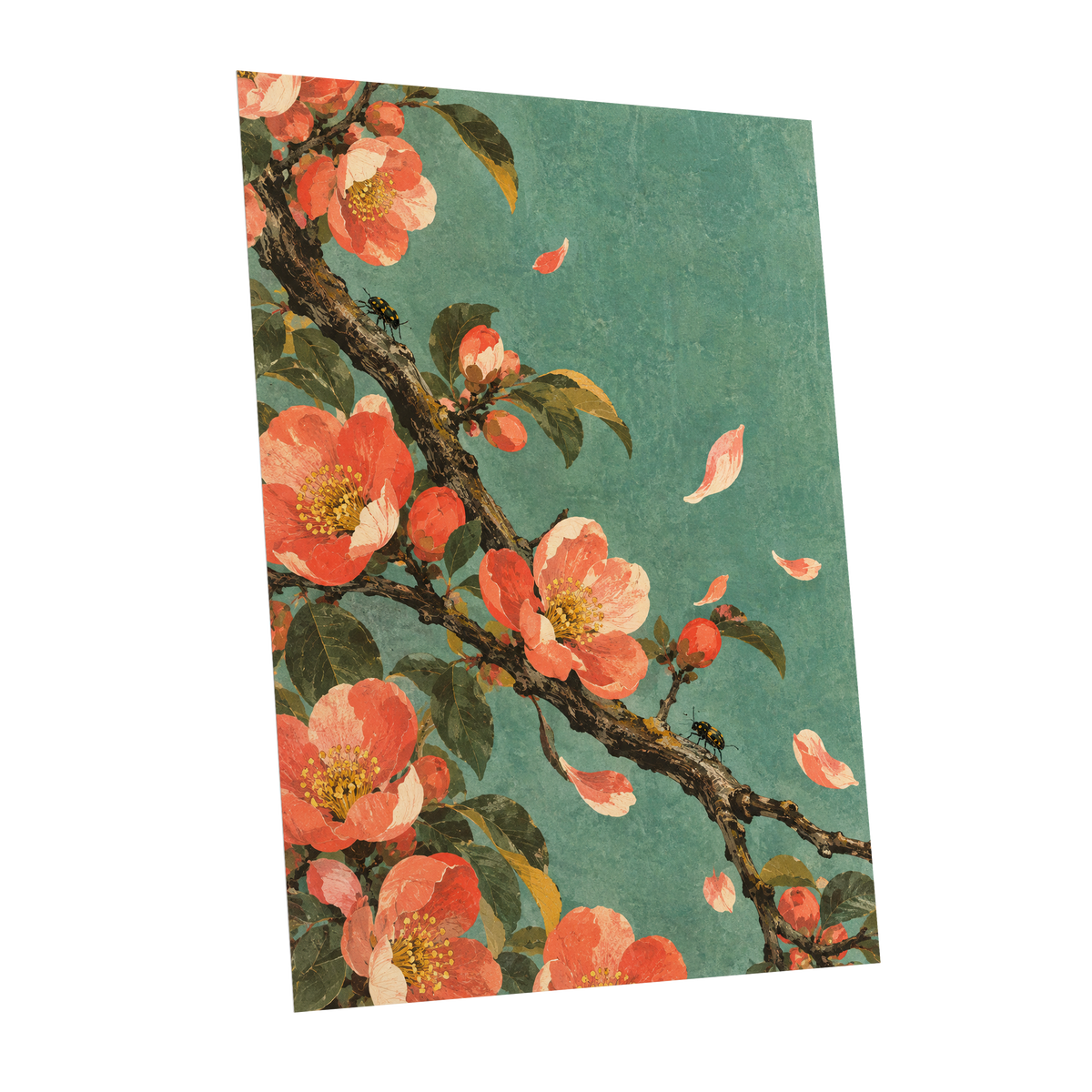 Coral Blossom Drift, green, orange, pink floral wall art shown as a unframed poster wall art print