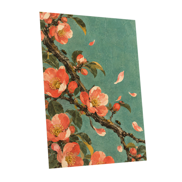 Coral Blossom Drift, green, orange, pink floral wall art shown as a unframed poster wall art print