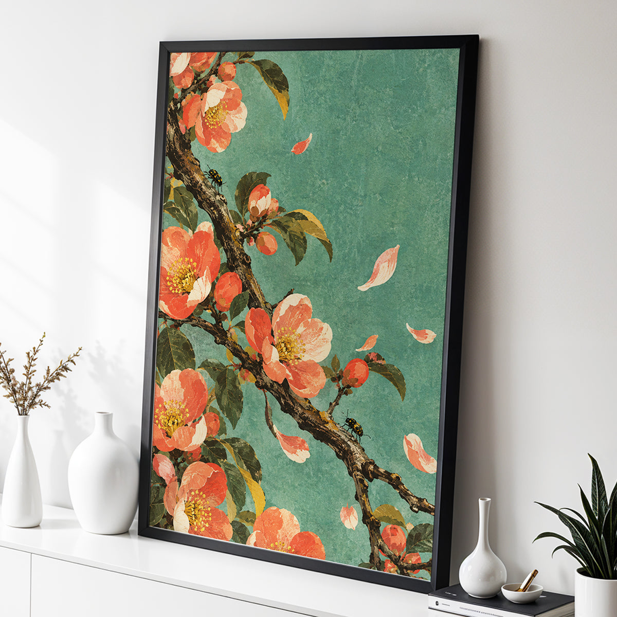 Coral Blossom Drift, green, orange, pink floral wall art displayed in a styled interior, gallery view 2