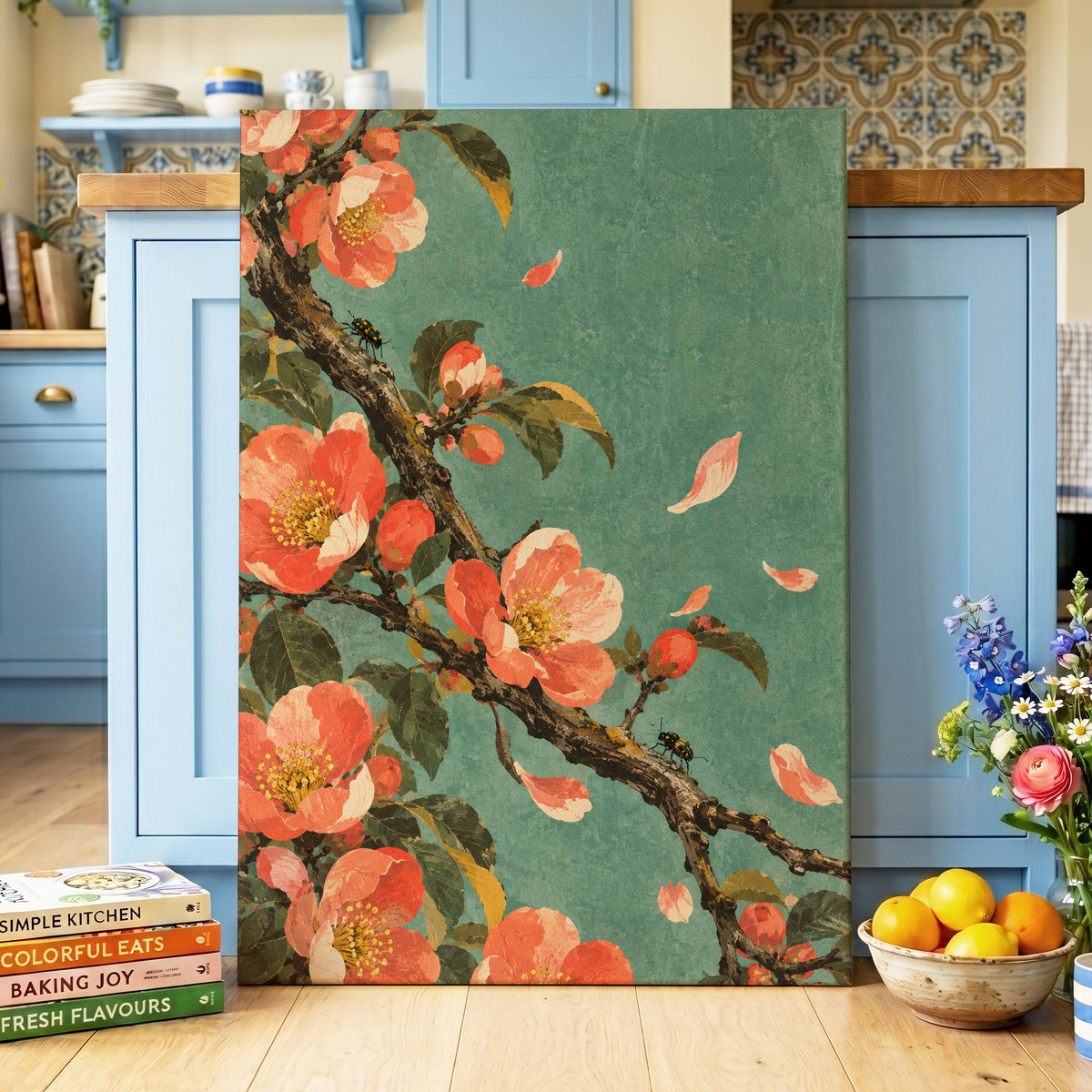 Coral Blossom Drift, green, orange, pink floral wall art displayed in a styled interior, gallery view 3