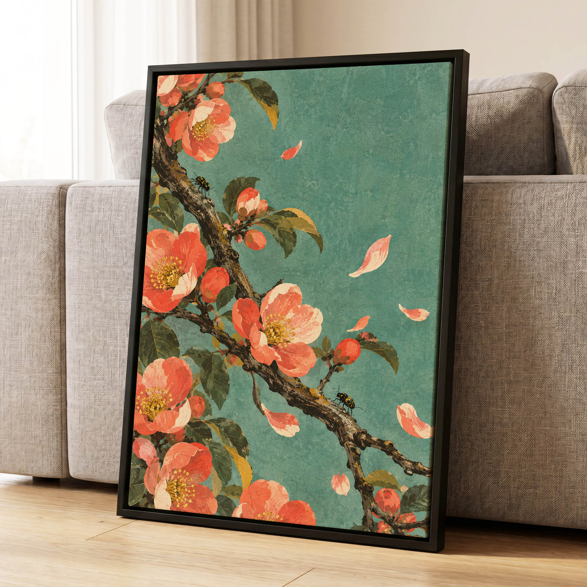Coral Blossom Drift, green, orange, pink floral wall art displayed in a styled interior, gallery view 4