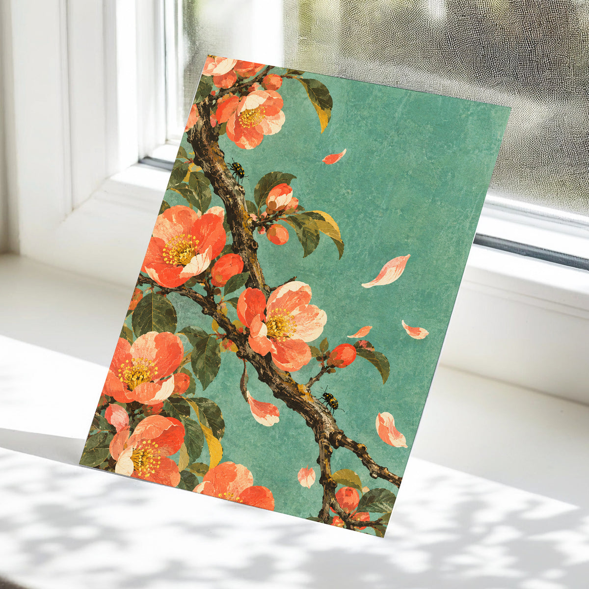 Coral Blossom Drift, green, orange, pink floral wall art displayed in a styled interior, gallery view 5