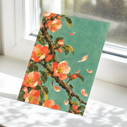 Coral Blossom Drift, green, orange, pink floral wall art displayed in a styled interior, gallery view 5