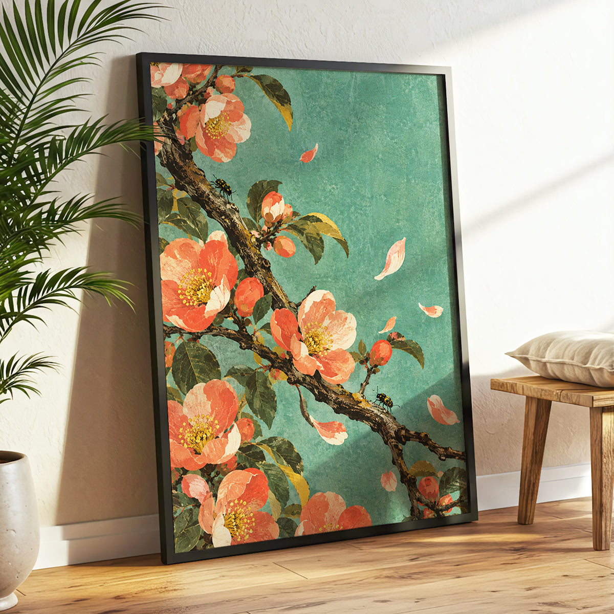 Coral Blossom Drift, green, orange, pink floral wall art displayed in a styled interior, gallery view 6