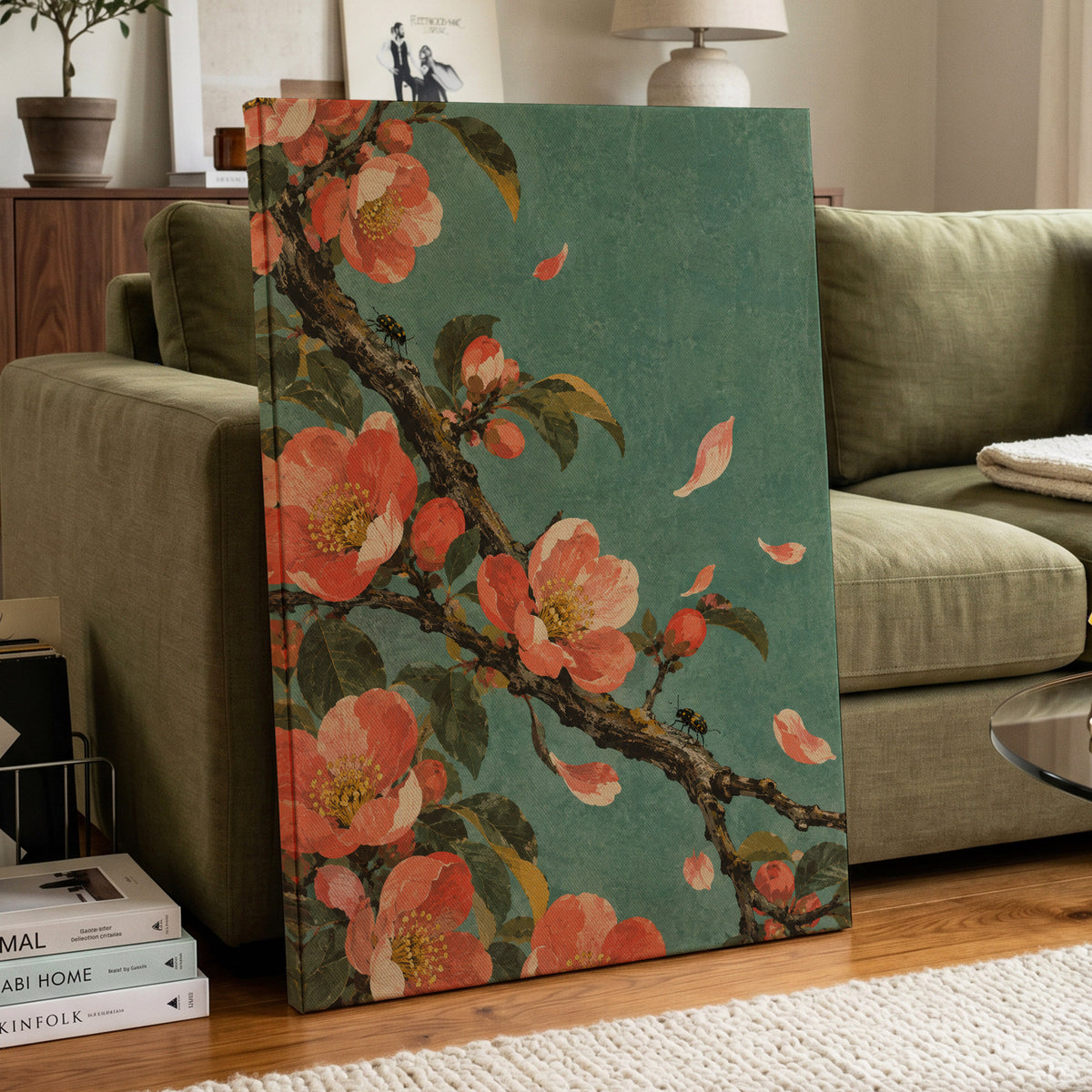 Coral Blossom Drift, green, orange, pink floral wall art displayed in a styled interior, gallery view 7
