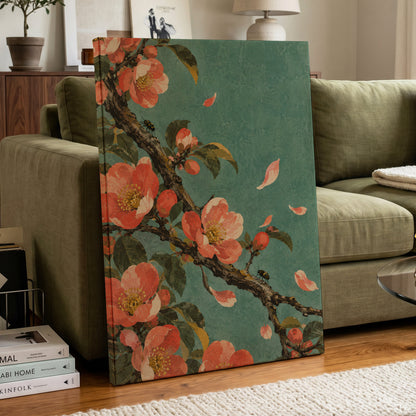 Coral Blossom Drift, green, orange, pink floral wall art displayed in a styled interior, gallery view 7