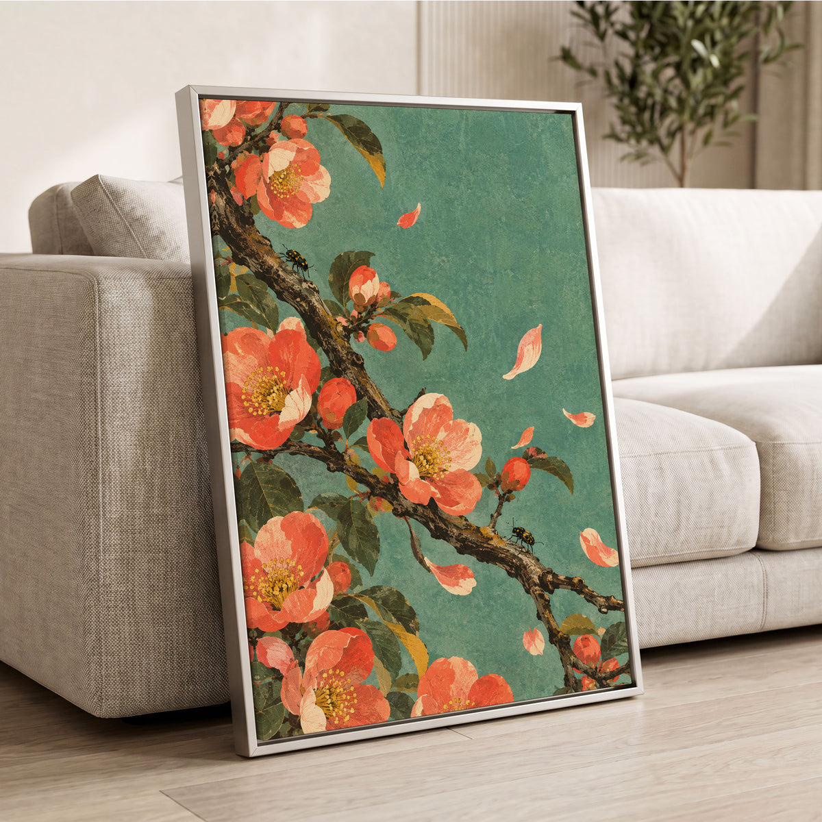 Coral Blossom Drift, green, orange, pink floral wall art displayed in a styled interior, gallery view 8