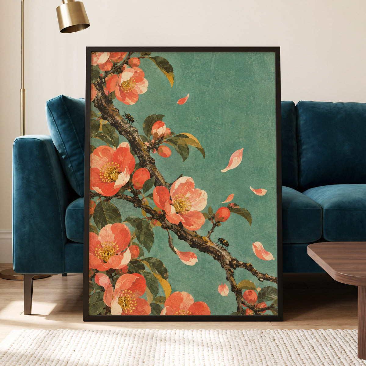 Coral Blossom Drift, green, orange, pink floral wall art displayed in a styled interior, gallery view 9