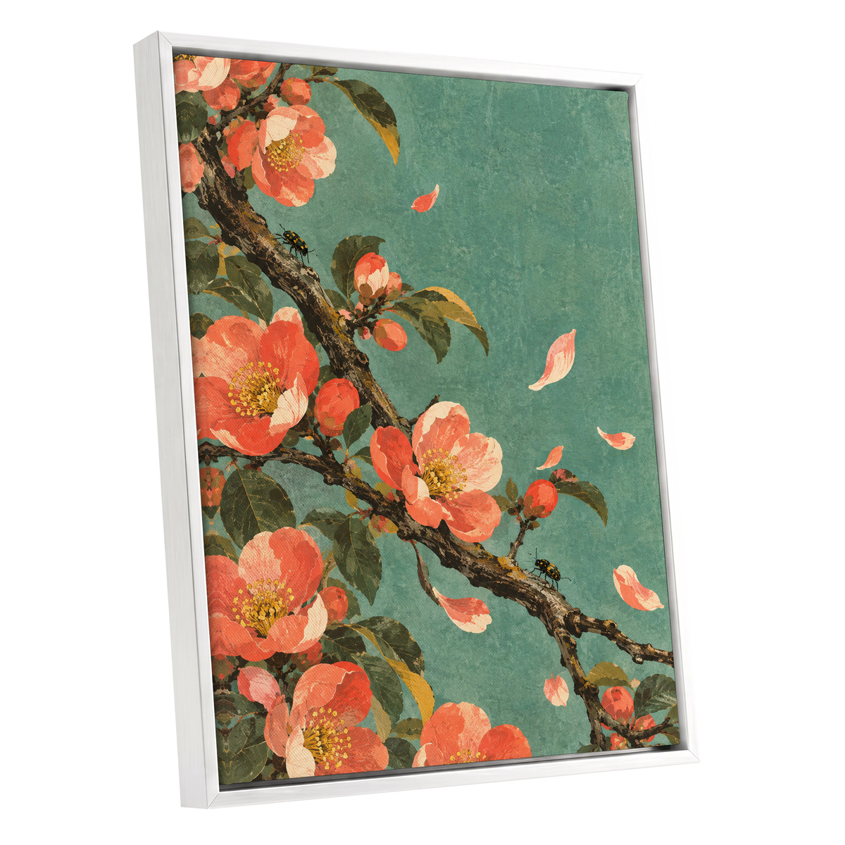 Coral Blossom Drift, green, orange, pink floral wall art shown as a white framed canvas wall art