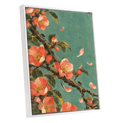 Coral Blossom Drift, green, orange, pink floral wall art shown as a white framed canvas wall art