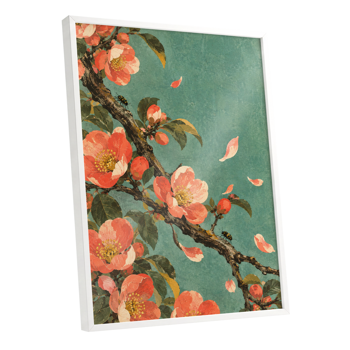 Coral Blossom Drift, green, orange, pink floral wall art shown as a white framed poster wall art print