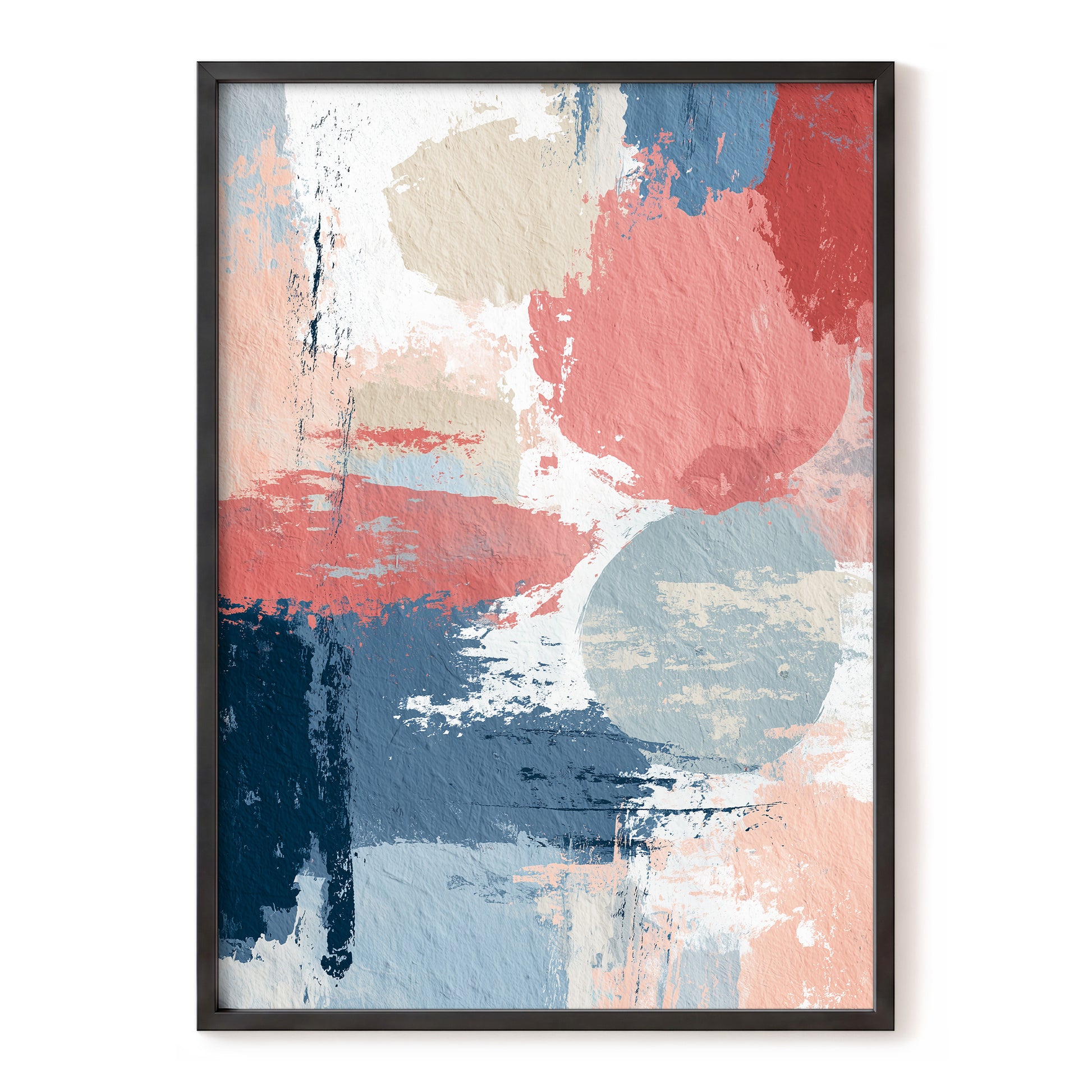 Coral Blue Interlude – pink, blue, white abstract wall art, front view