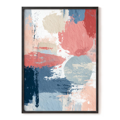 Coral Blue Interlude – pink, blue, white abstract wall art, front view